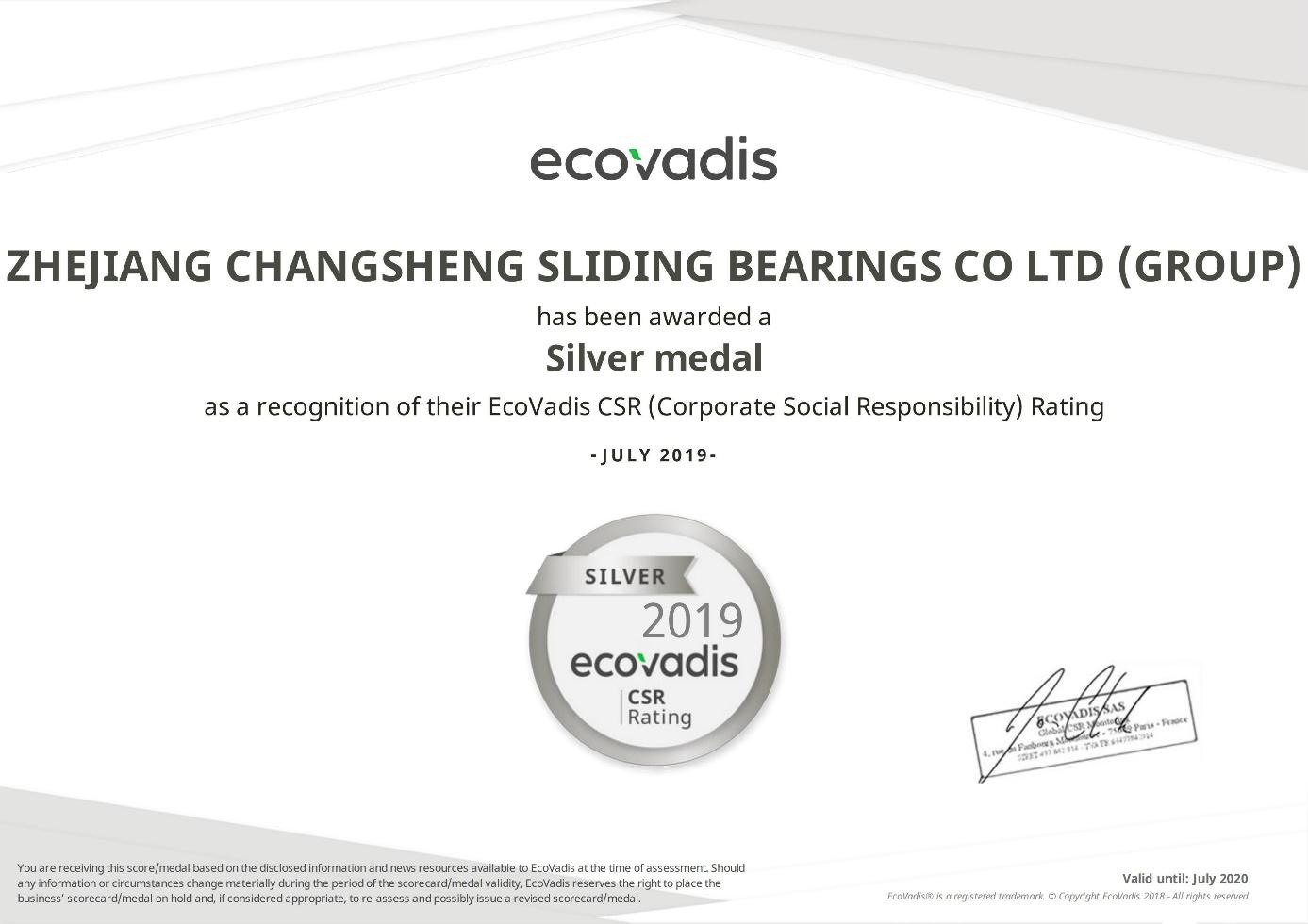Médaille d'argent Ecovadis CSR